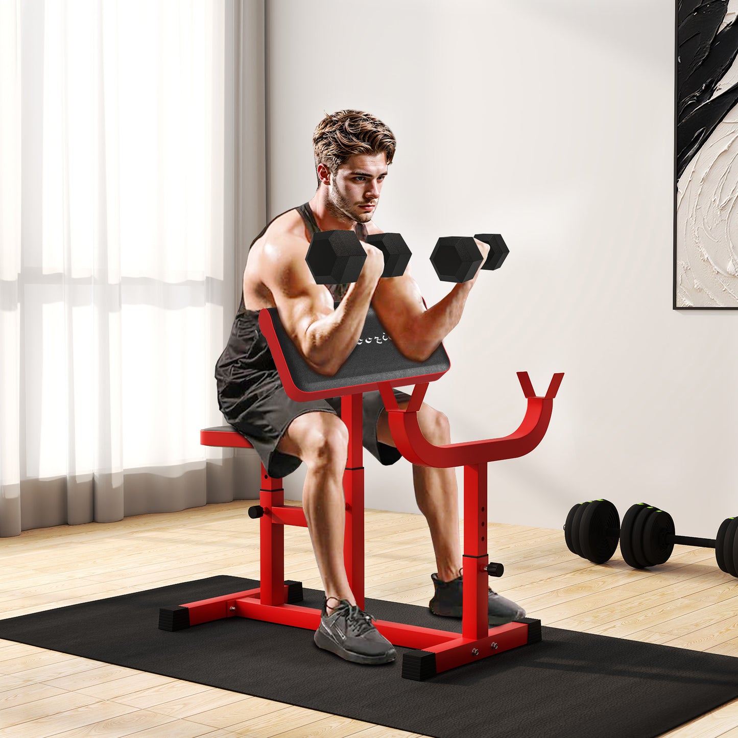 Adjustable Preacher Curl Bench for Strength Training - Red