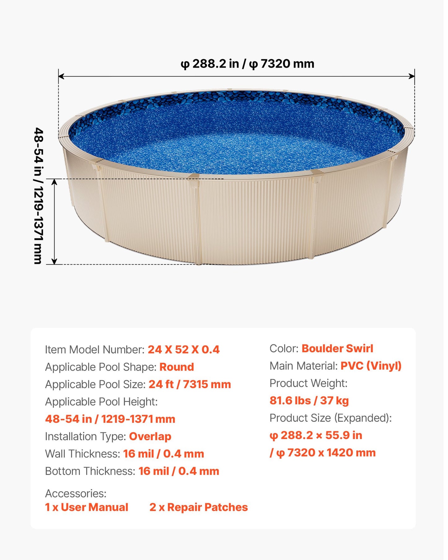 24ft Round Overlap Pool Liner for Above-Ground Pools - Premium Vinyl, Easy Install, Leak-Proof Patches