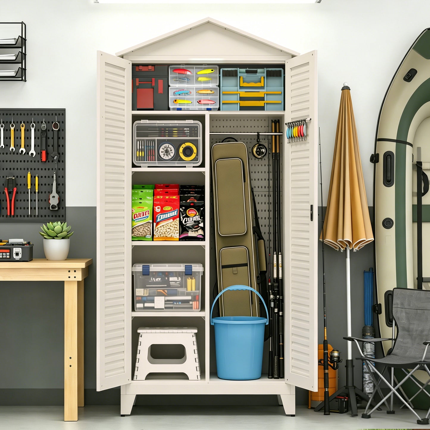 79-Inch Tall Metal Tool Storage Cabinet - Beige Steel Organizer
