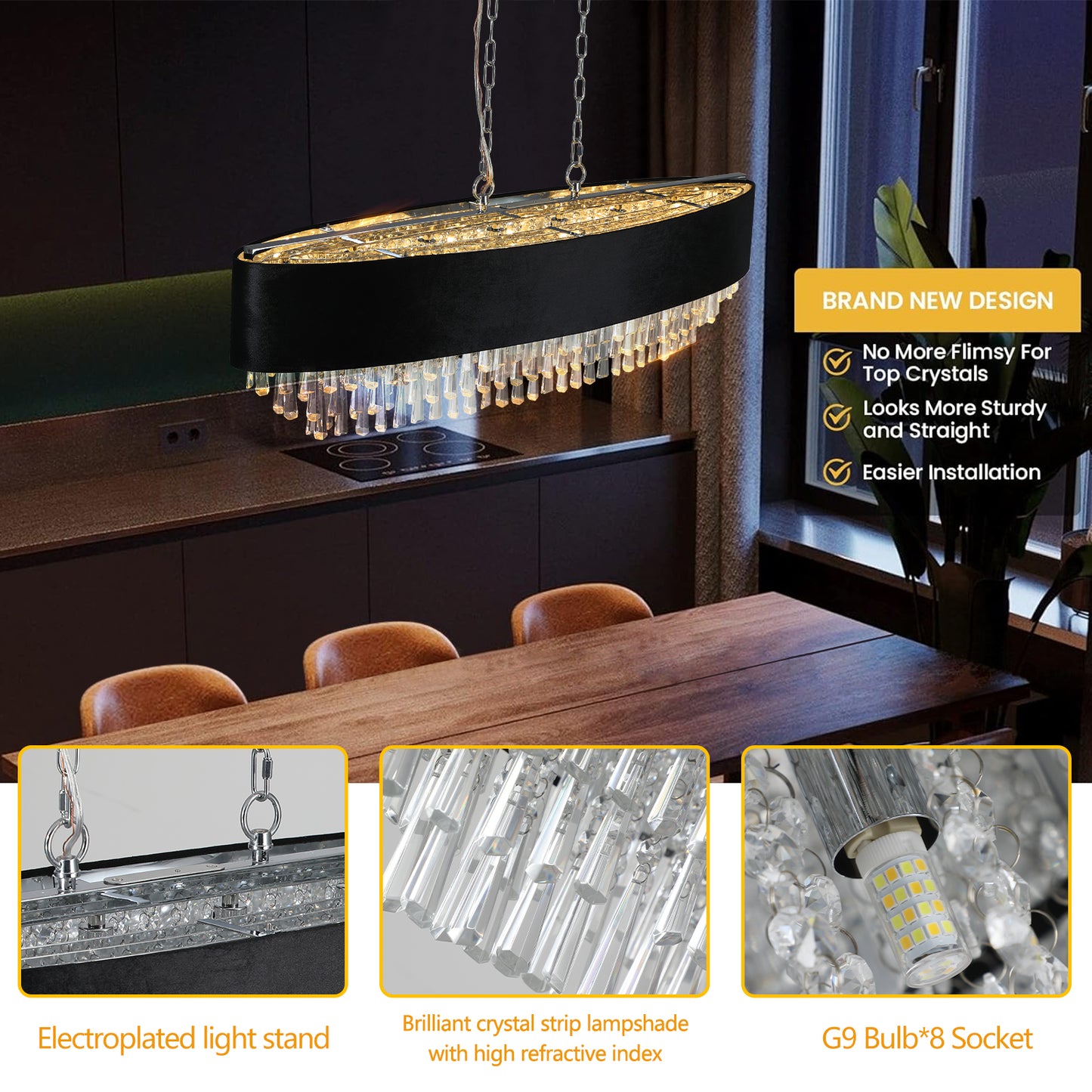 39in Crystal Chandelier with Adjustable Height, 8-Light G9 Base