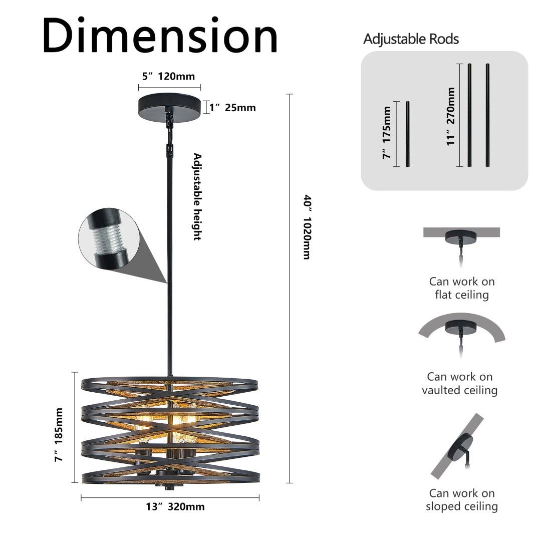3-Light Industrial Pendant Chandelier with Wood Accents