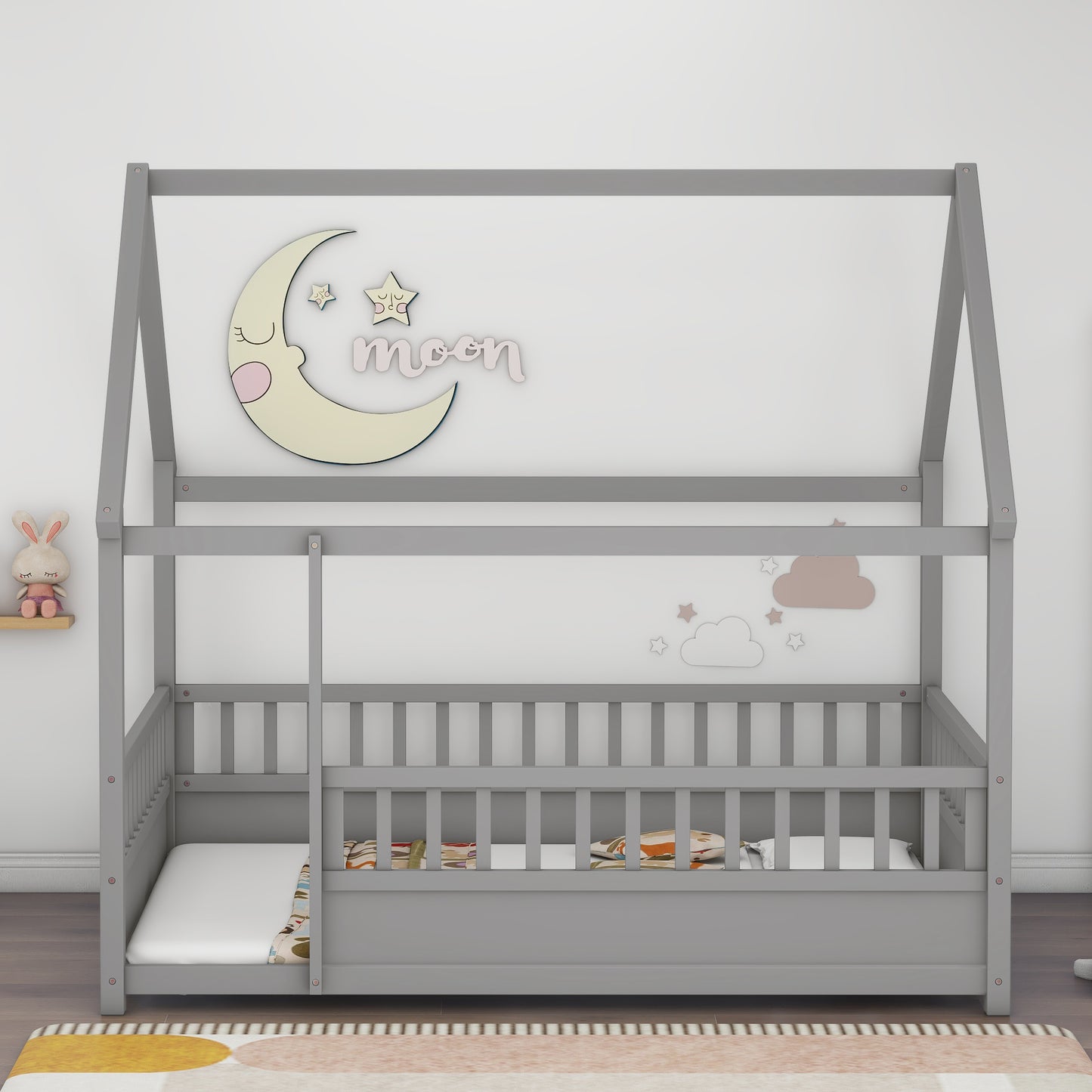 Full Size Wooden Bed with House Roof Frame & Fence Guardrails - Grey