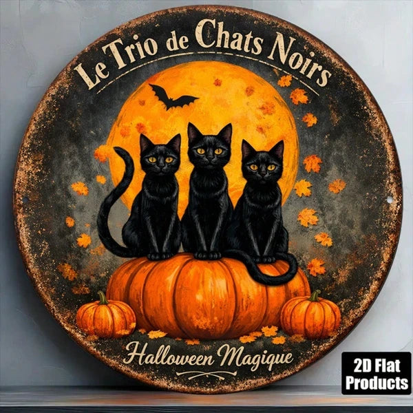 Vintage Metal Tin Sign - 8x8 Inch Round Plaque with Three Black Cats