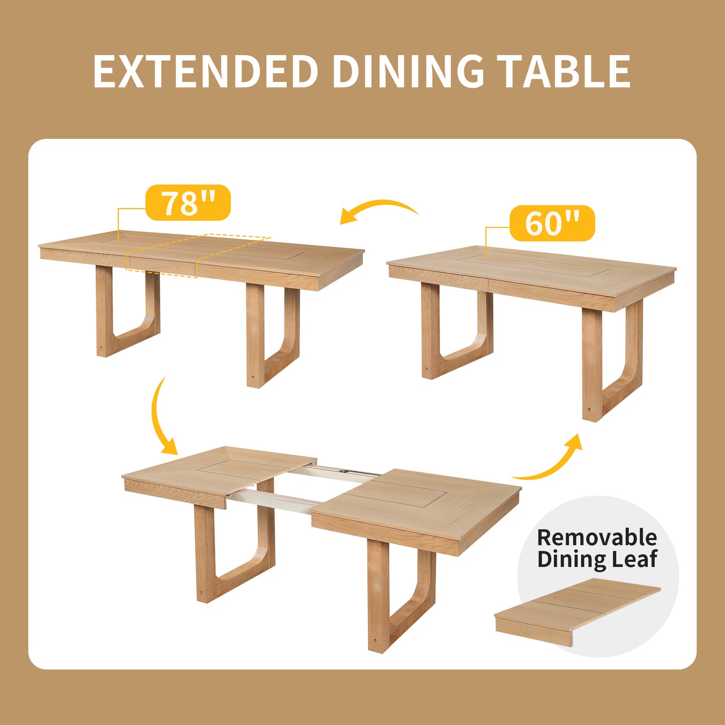 5-Piece Extendable Dining Table Set, Farmhouse With 18 Move Leaf, 78