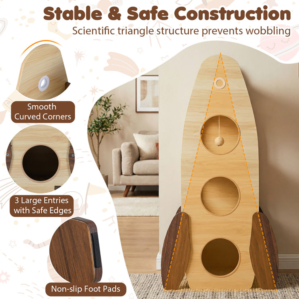 Large 47-Inch Wooden Cat Tree with Scratching Pad and Multi-Level Playhouse - Natural & White