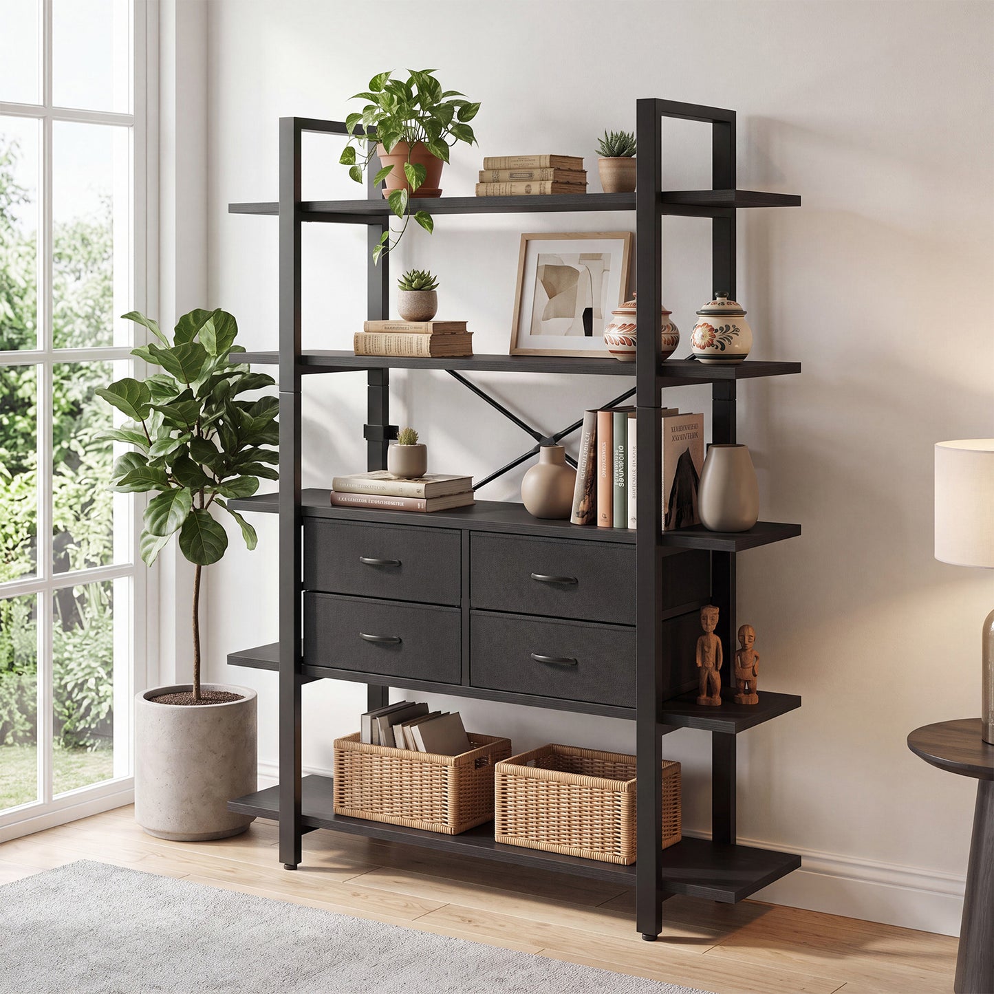5-Tier Industrial Bookshelf with 4 Drawers - Open Display Bookcase