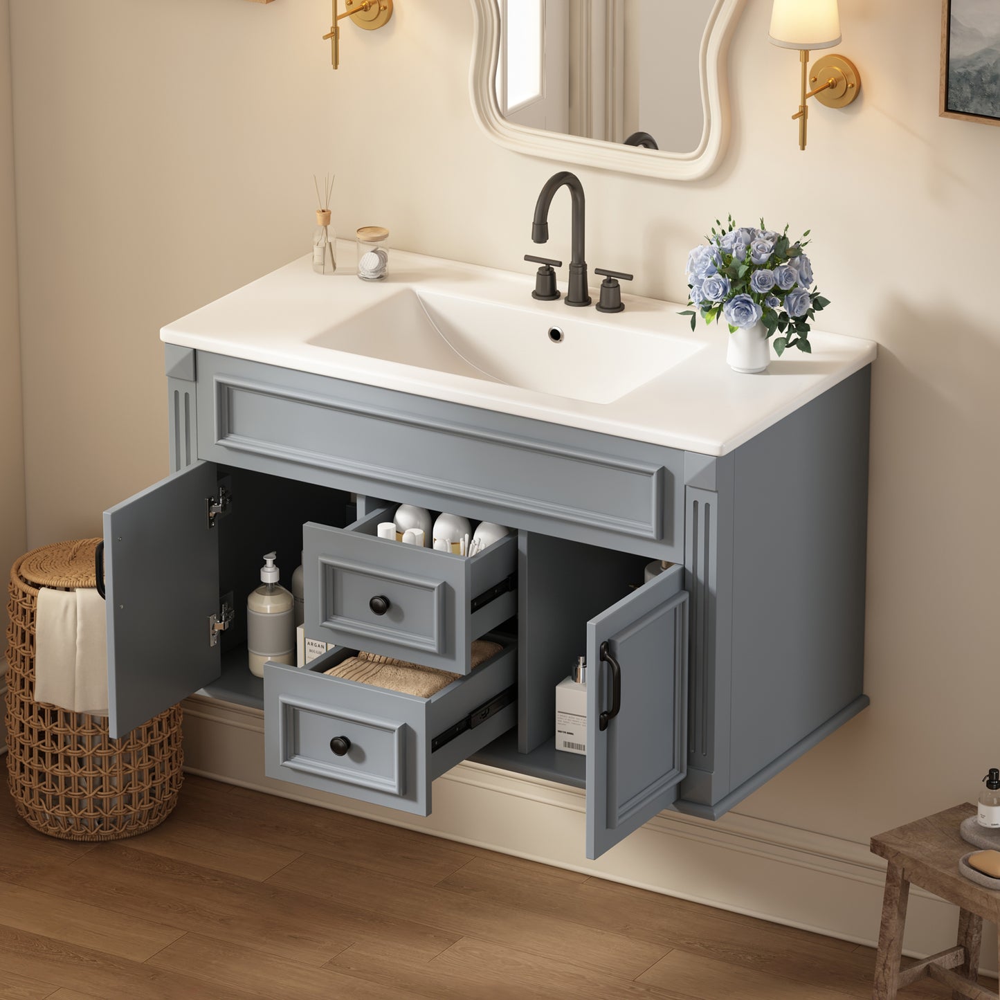 36-Inch Wall-Mounted Bathroom Vanity with Ceramic Sink - Gray