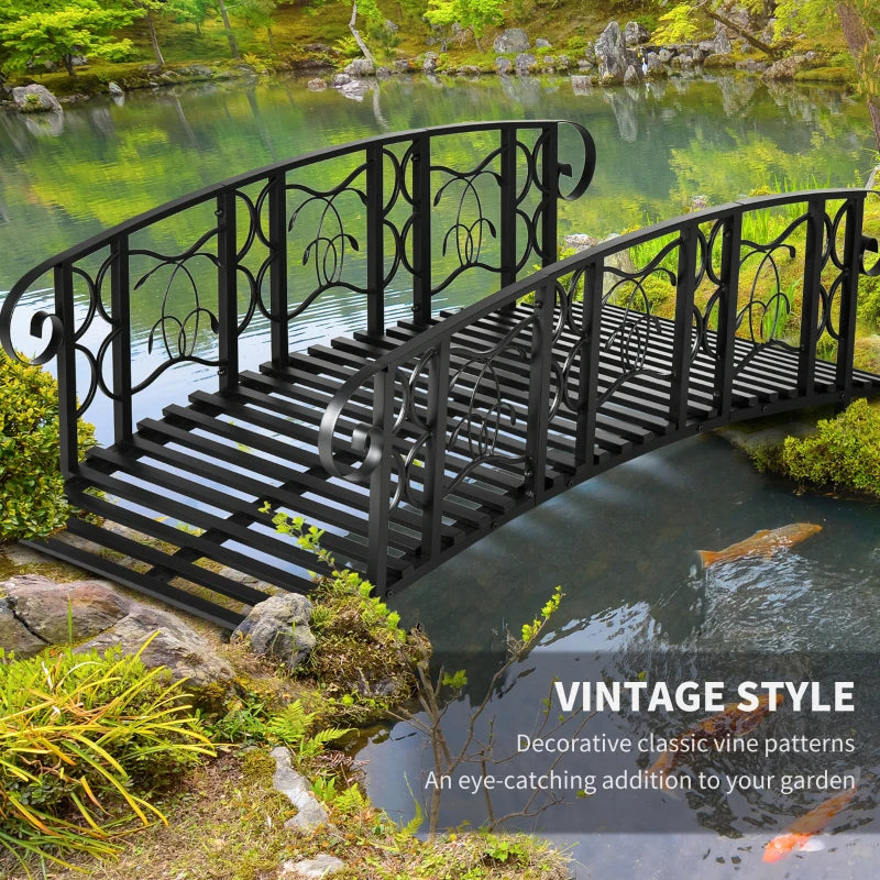 Metal Garden Bridge with 660 lbs Capacity, Safety Rail, Vine Motifs, Black