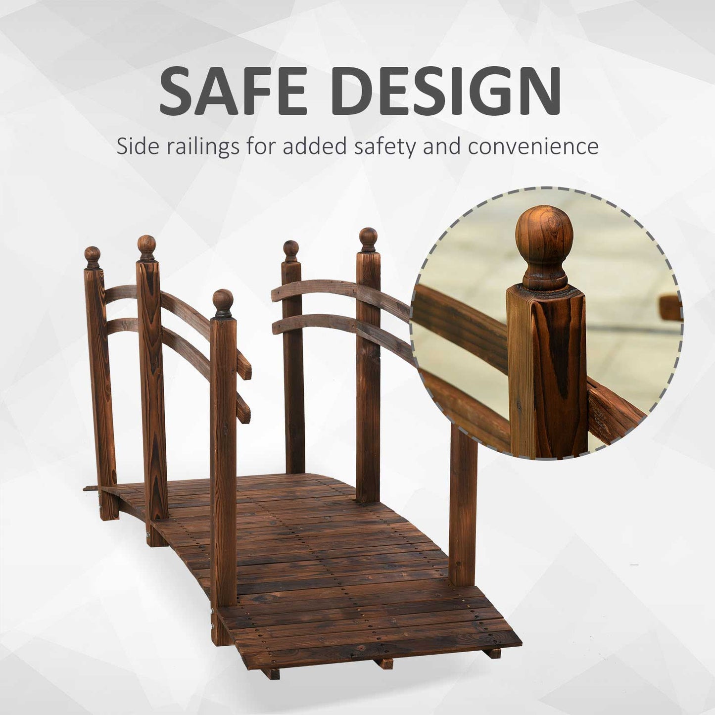7.5 ft Fir Wood Garden Bridge with Side Railings for Backyard and Pond, Carbonized Finish