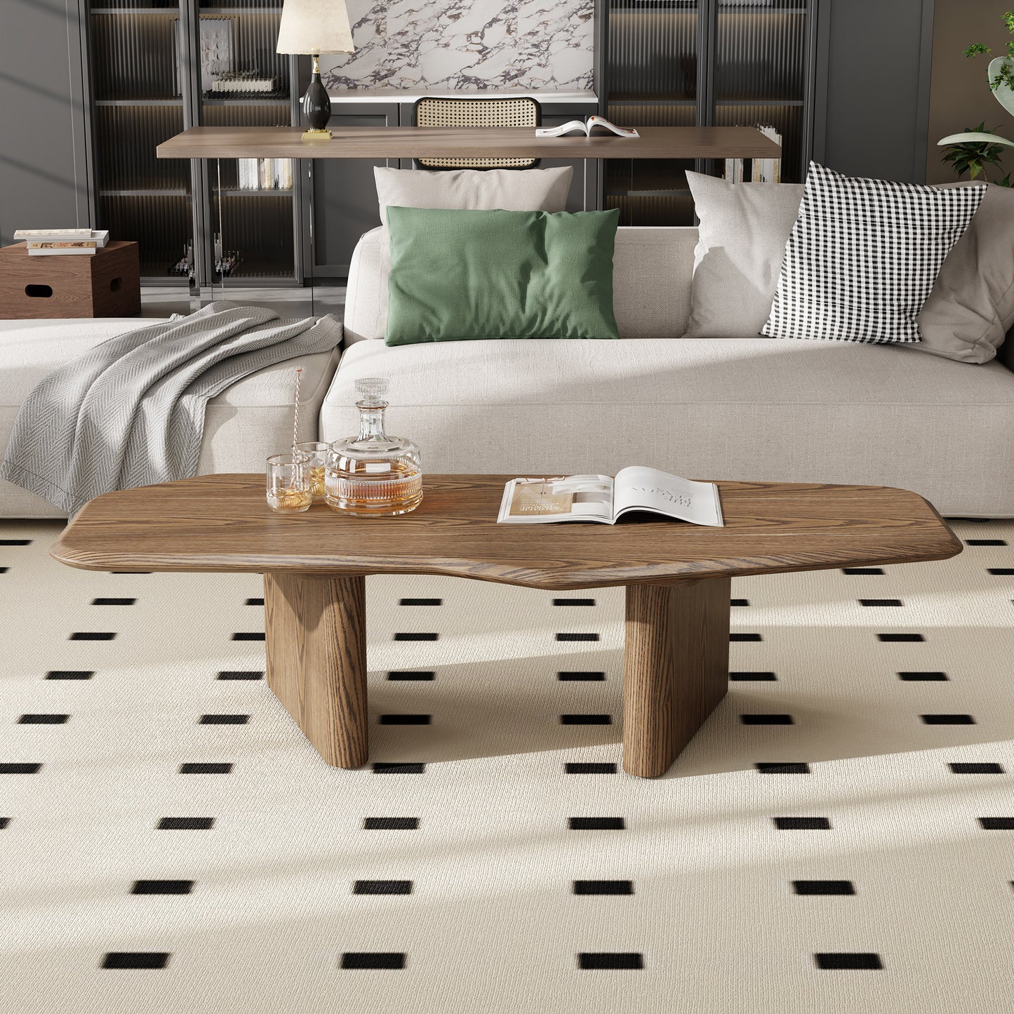 47.2-Inch Rustic Ash Wood Veneer Coffee Table - Walnut