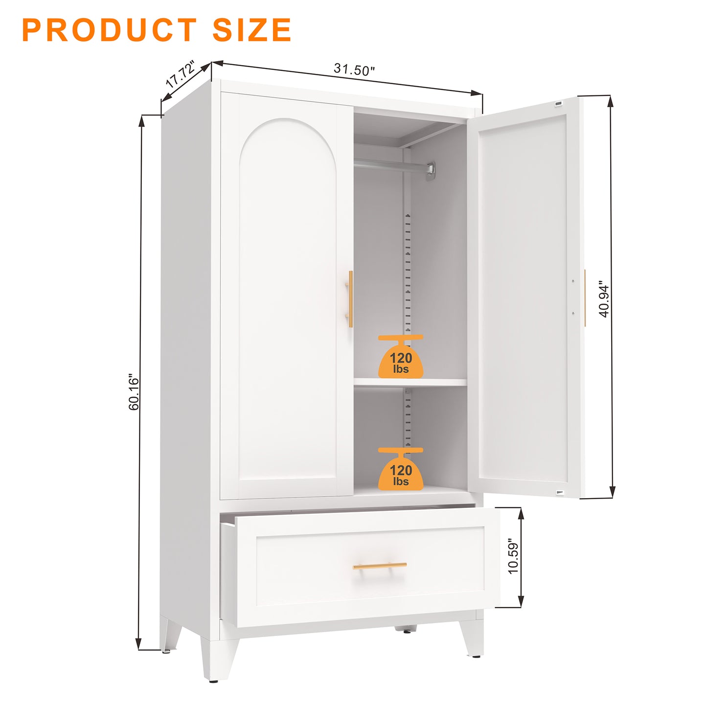 60-Inch Tall Metal Wardrobe Cabinet with Drawer & Shelf - White