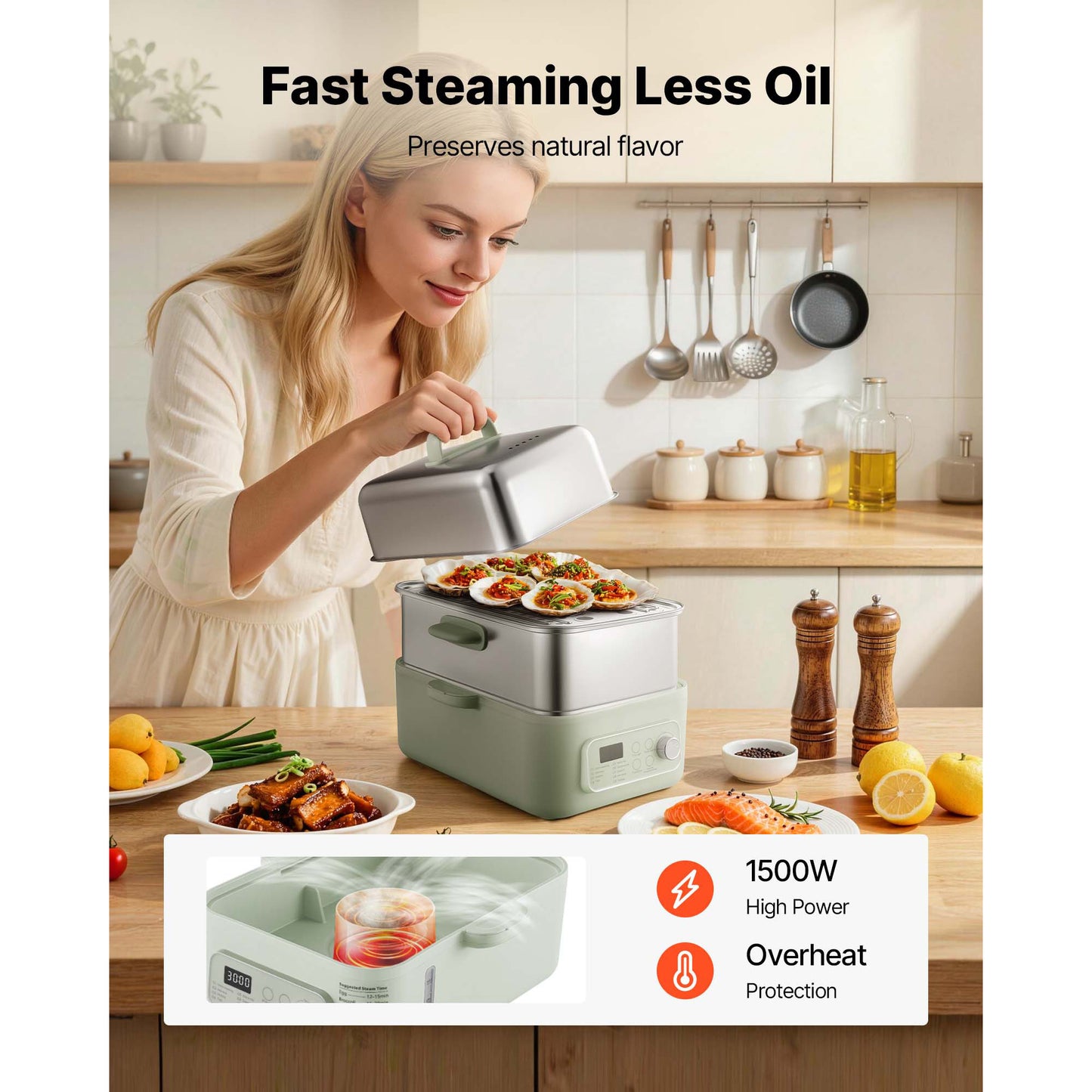 Electric Food Steamer 13.7 QT 2-Tier Stainless Steel Vegetable & Seafood Cooker