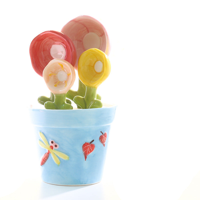 Ceramic Flower Spoon Set with Blue and Pink Bases - Modern Kitchen Utensils