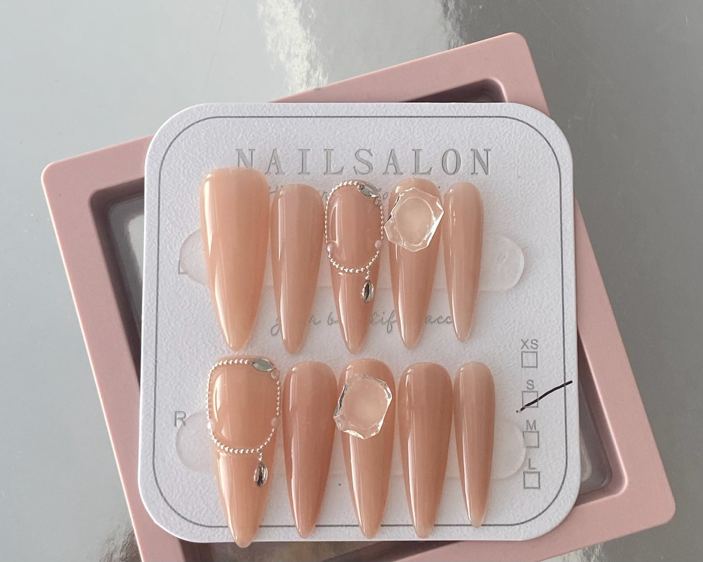 Press On Nails - Pink Gem-Embedded Resin False Nails, 10-Piece Set