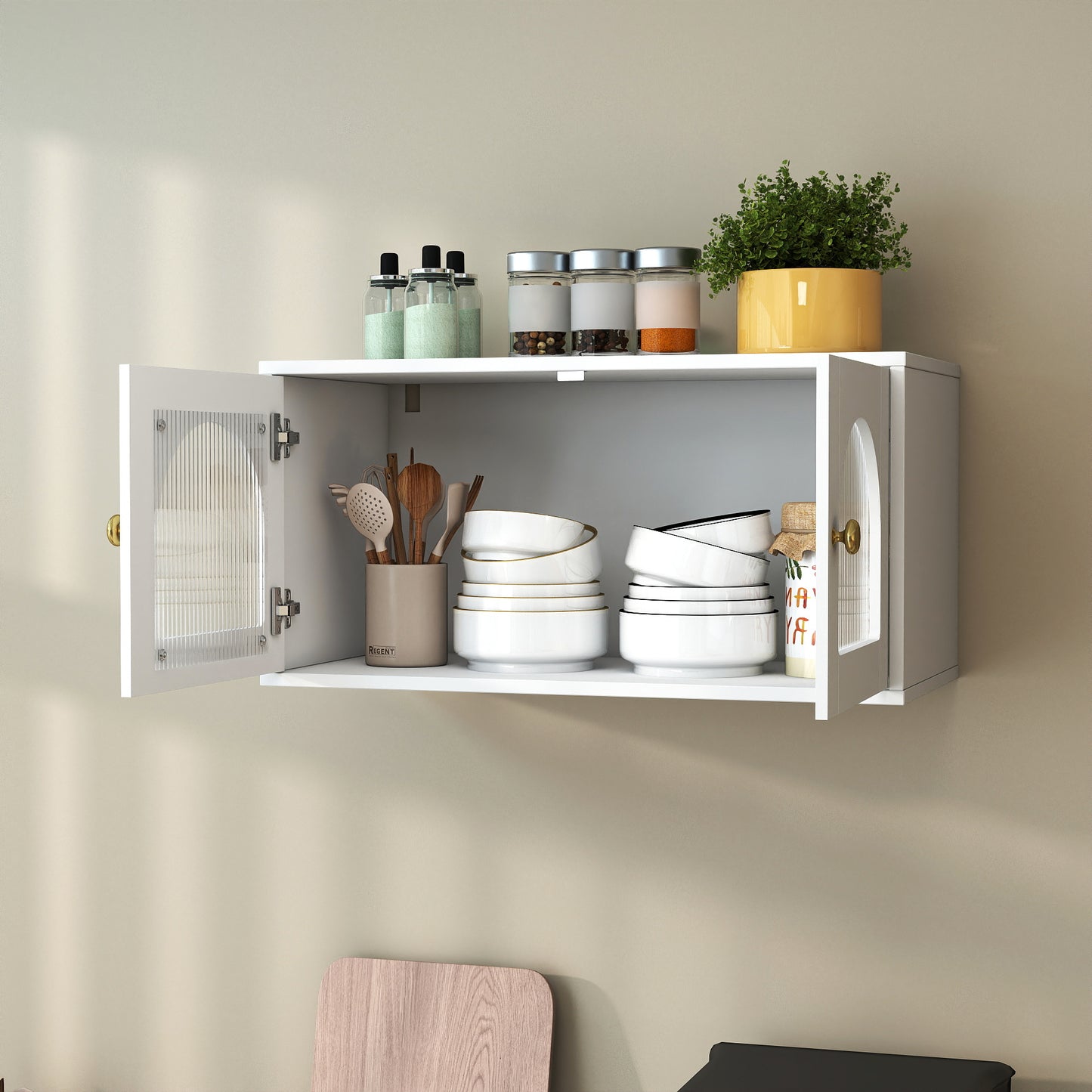 Wall-Mounted Glass Door Cabinet - White Floating Storage