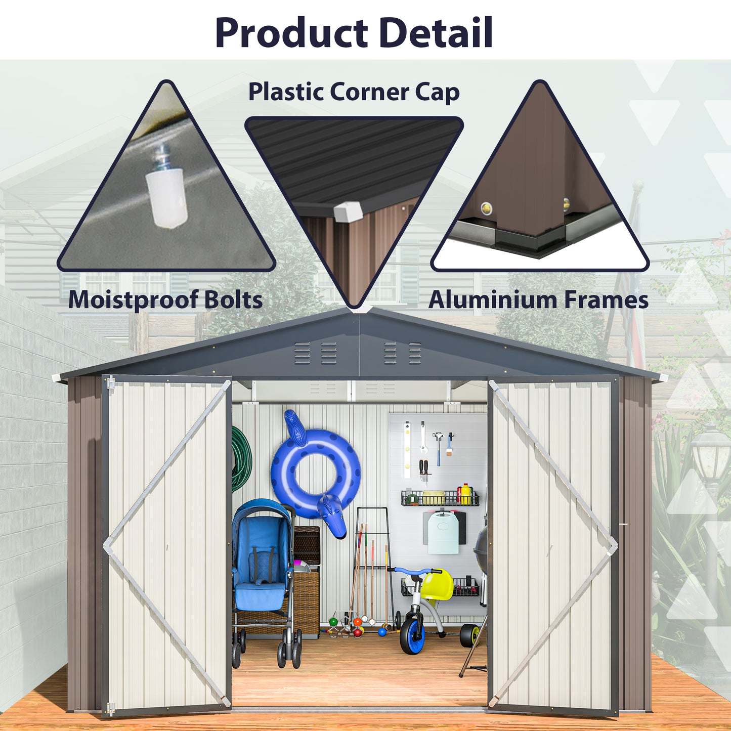 10' x 10' Metal Garden Storage Shed with Lockable Doors - Brown