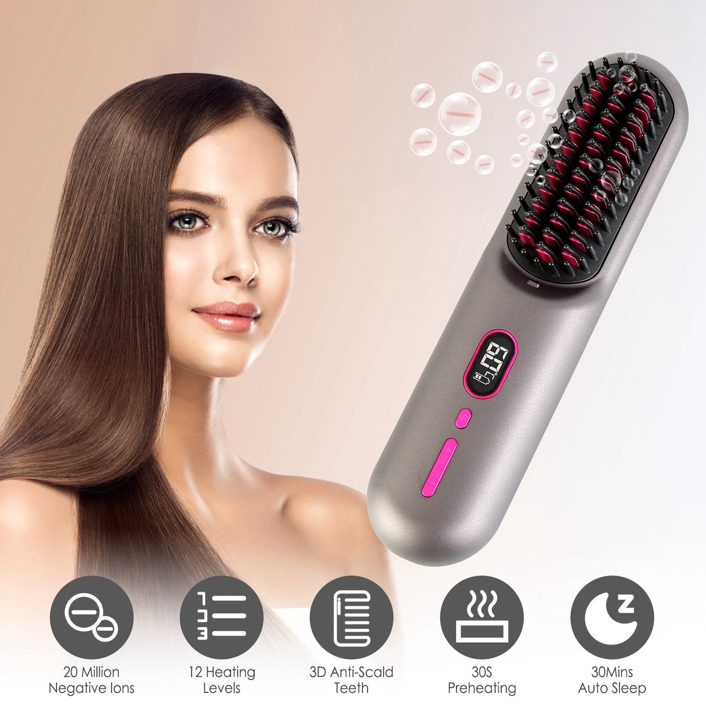 Cordless Negative Ion Hair Straightener Brush - Portable Rechargeable Comb