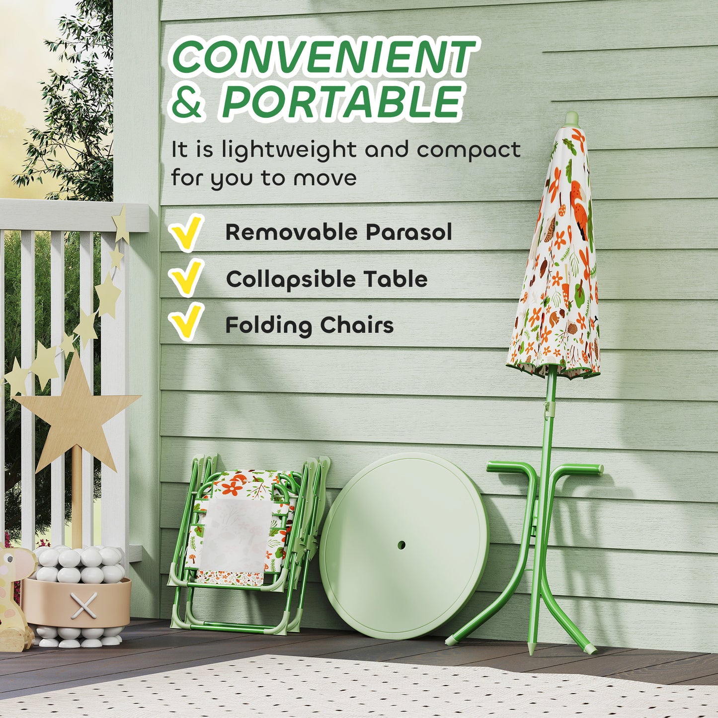 Kids Picnic Table and Chair Set with Umbrella - Green