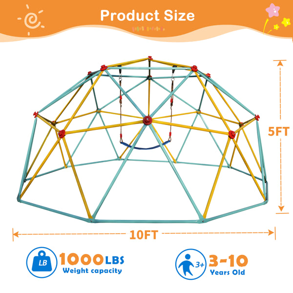 10FT Climbing Dome for Kids - Blue Jungle Gym with Swing