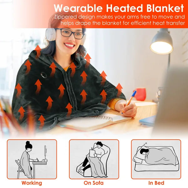 USB Heated Blanket Poncho Shawl Wrap - 59" x 31" - Black