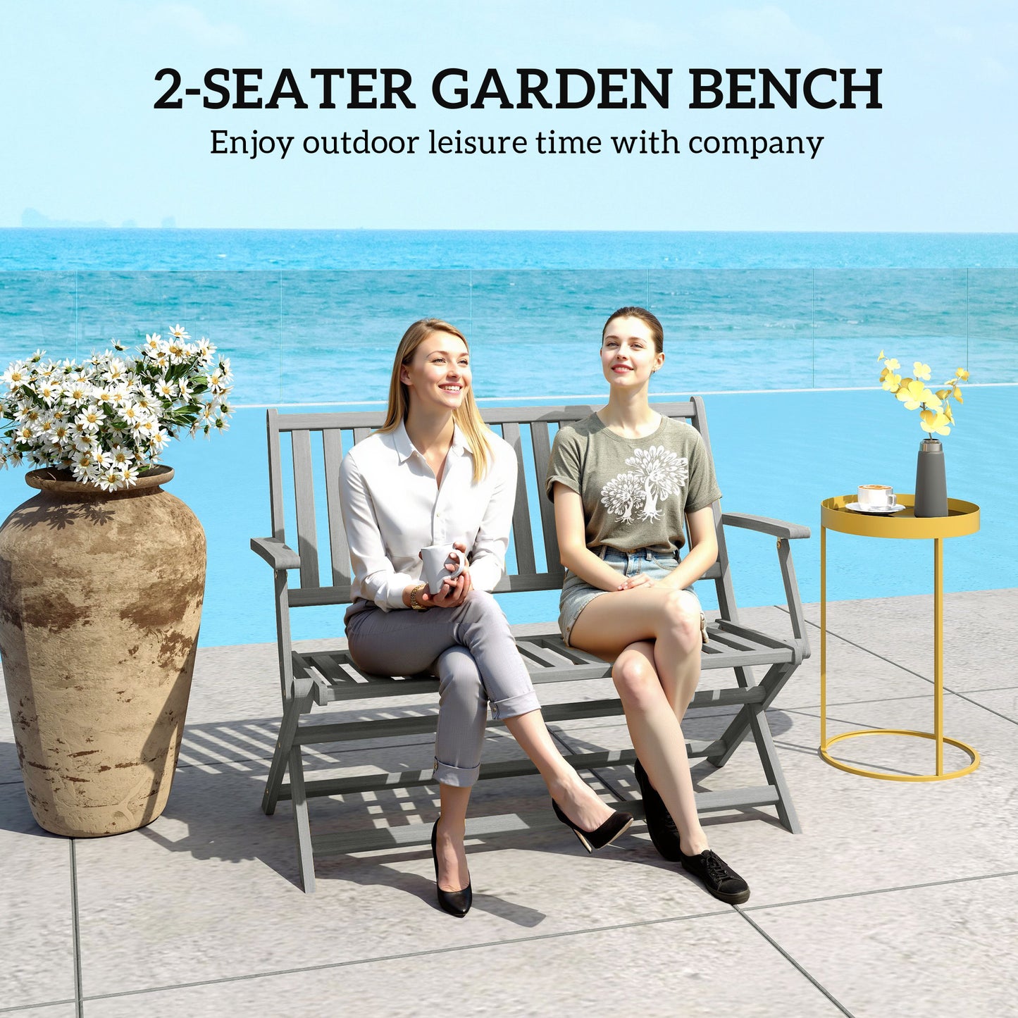 Foldable Wood Outdoor Bench with Backrest - Gray