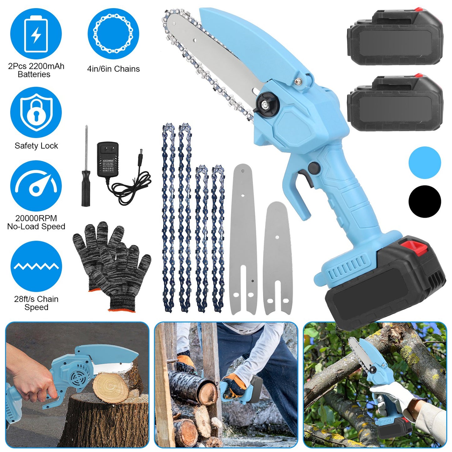 Mini Cordless Chainsaw 4-inch & 6-inch with Rechargeable Batteries - Light & Powerful Garden Tool