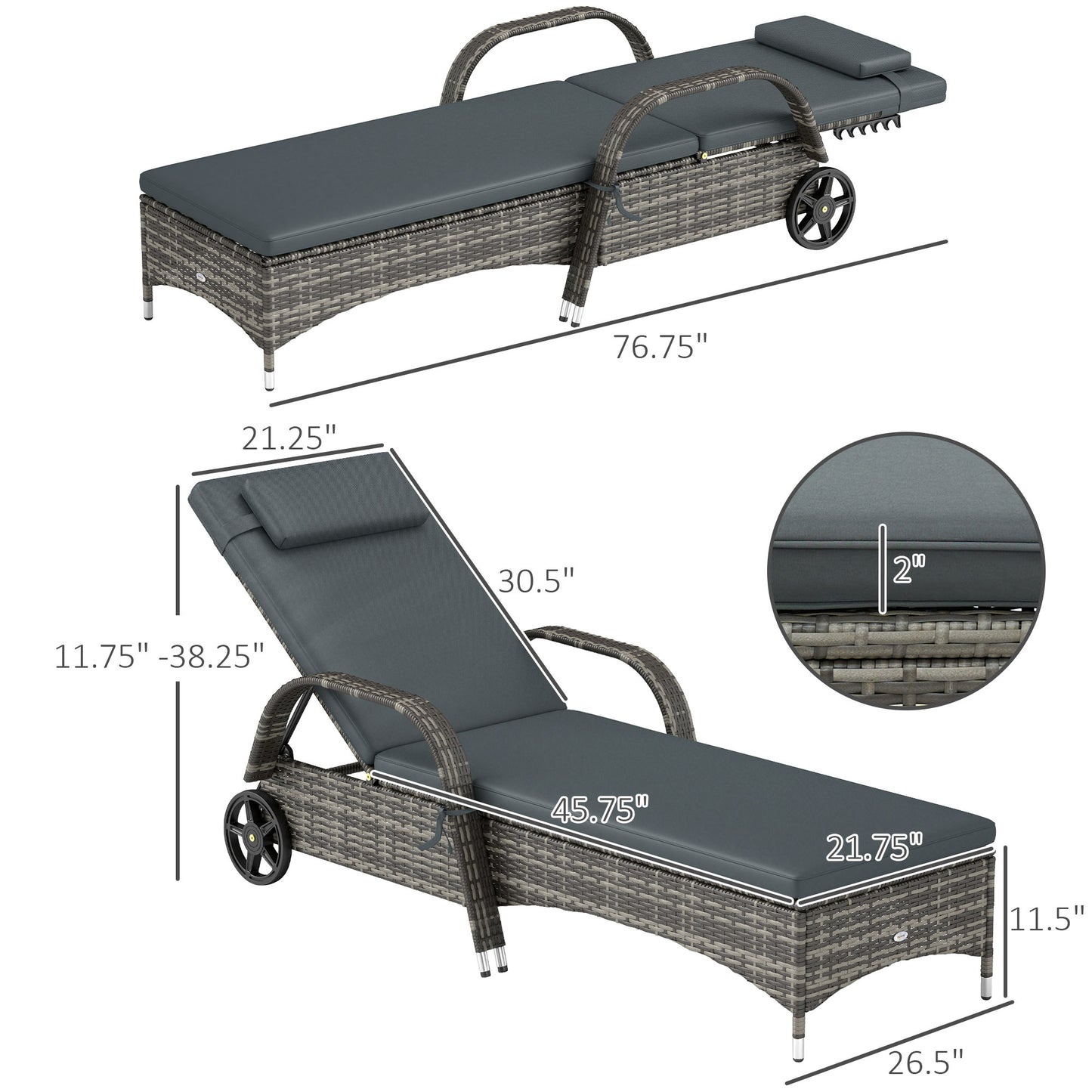 Adjustable Outdoor Chaise Lounge Chair with Wheels & Cushion
