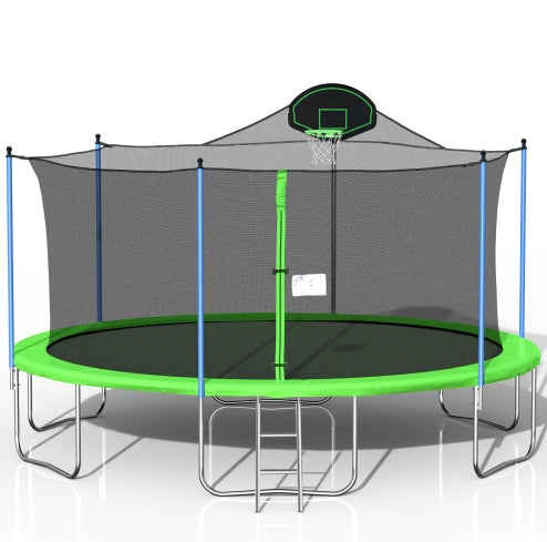 16FT Trampoline with Basketball Hoop & Safety Net - Green