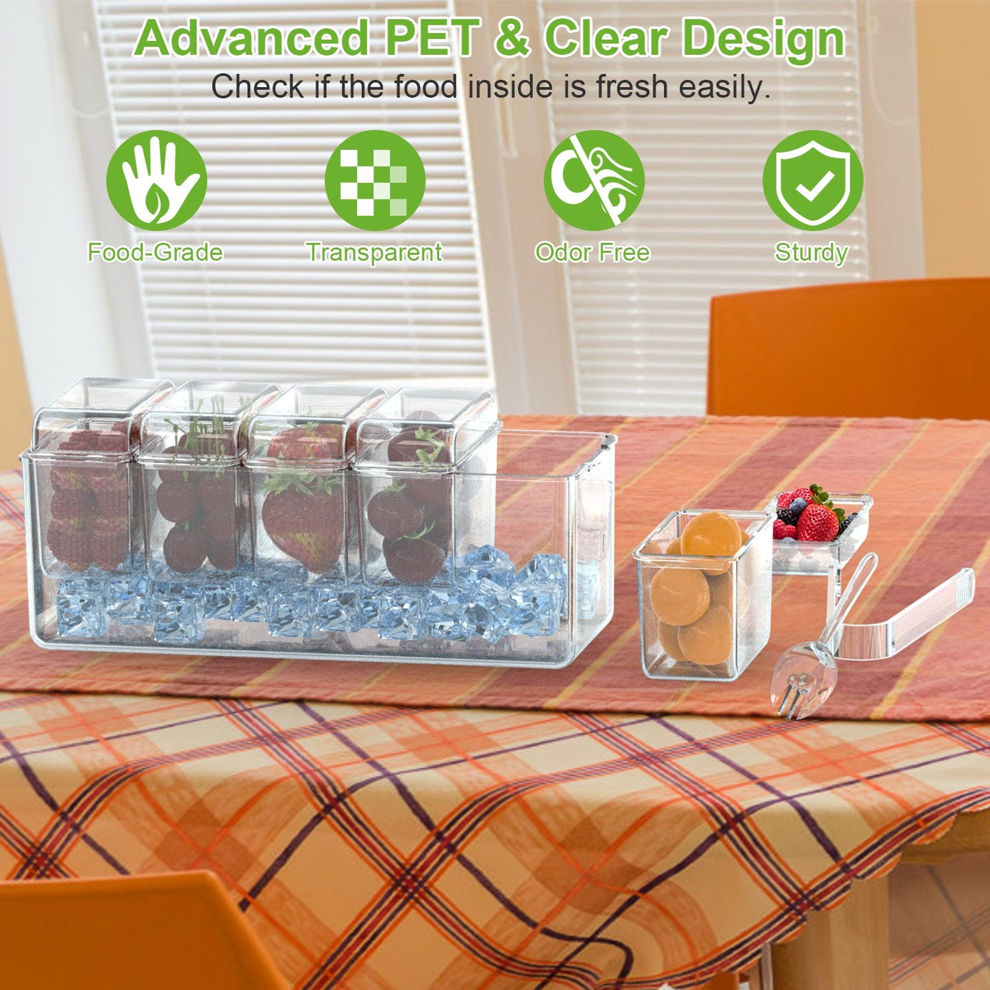 Ice Chilled Condiment Caddy with 5 Removable Food Trays & Tongs