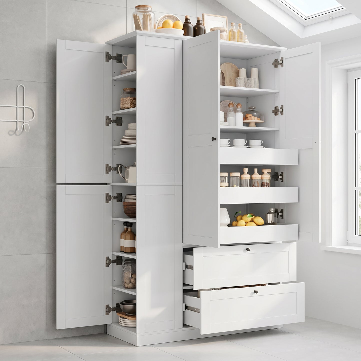 Tall Farmhouse Kitchen Pantry Cabinet - 7 Shelves, 2 Drawers, White