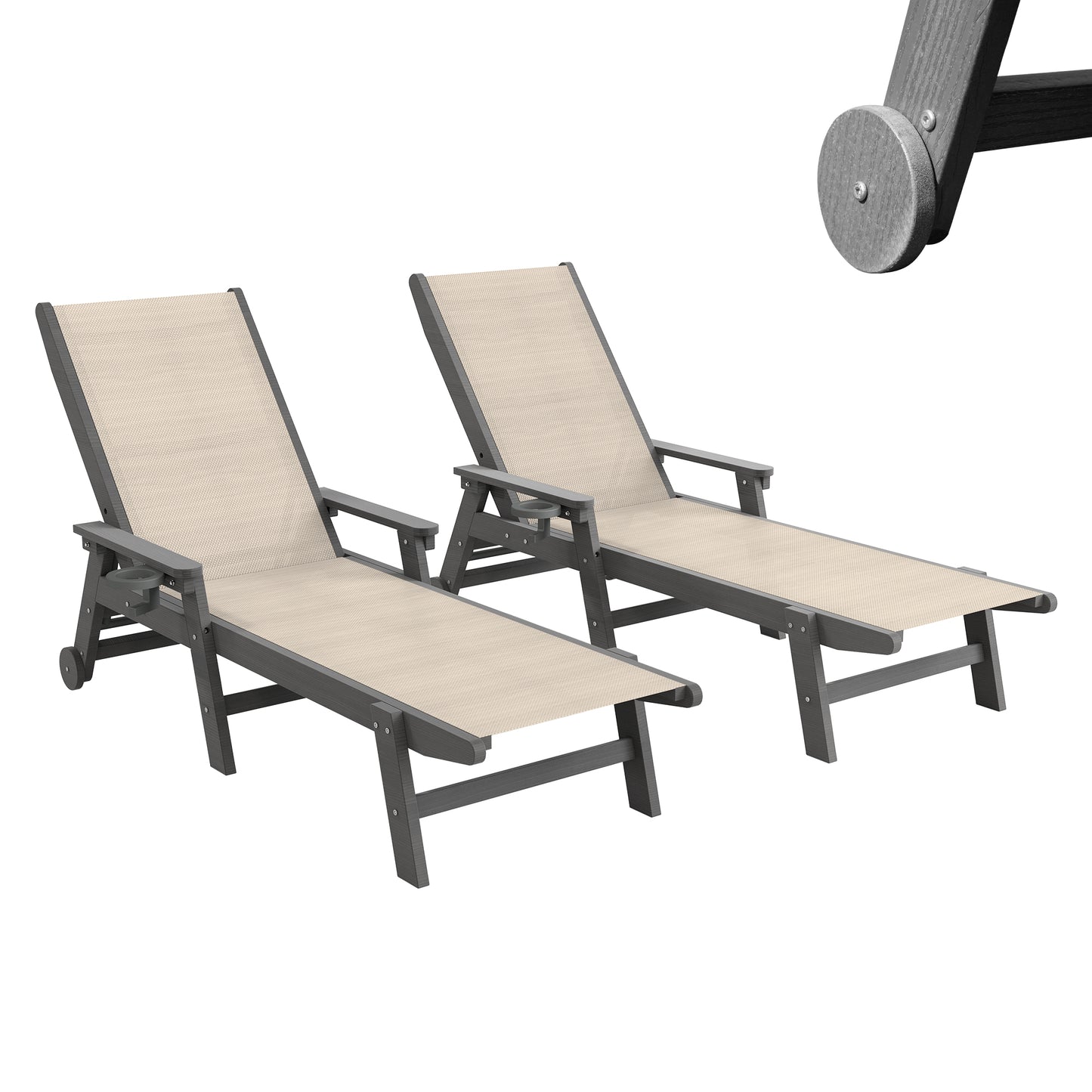 Outdoor Pool Lounge Chairs Set Of 2, HDPE Patio Chair With Wheels,