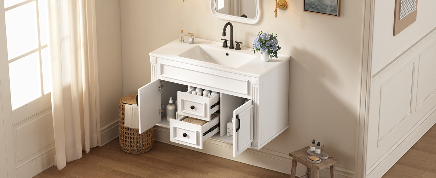 36-Inch Wall-Mounted Bathroom Vanity with Ceramic Sink - White