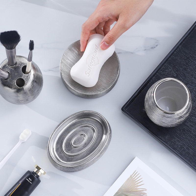 Handmade Vintage Ceramic Bathroom 5-Piece Set - Brushed Silver Finish