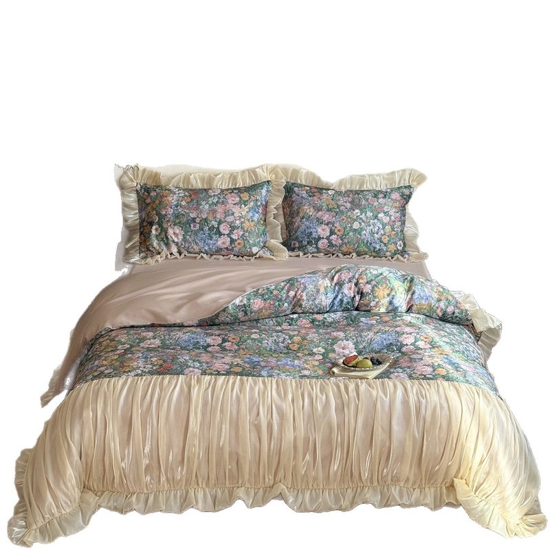 French Style Satin Floral Bedding Set with Lace Trim - Multiple Sizes & Patterns