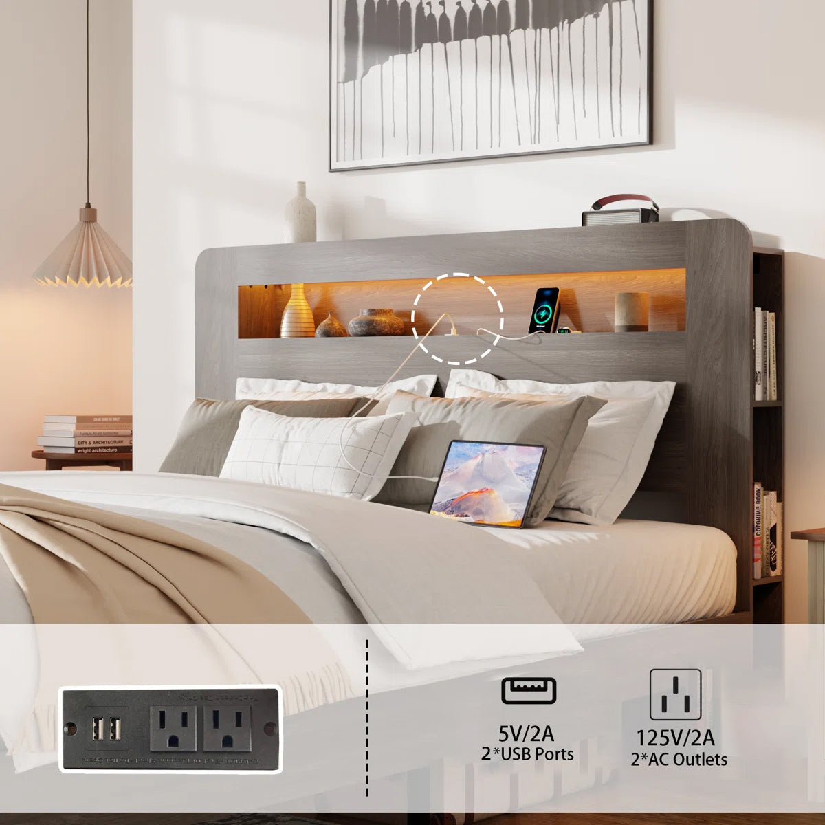 Queen Wood Bed Frame with LED Headboard, USB Ports & Storage
