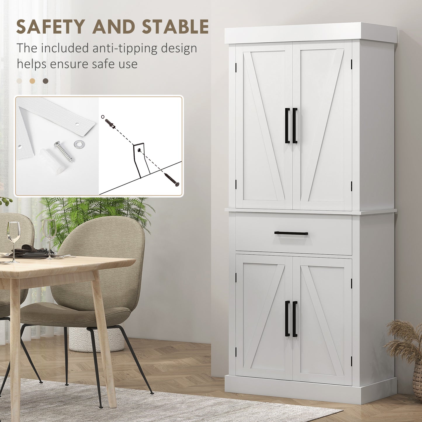 72" Tall Kitchen Pantry Cabinet with Barn Doors & Adjustable Shelves - White