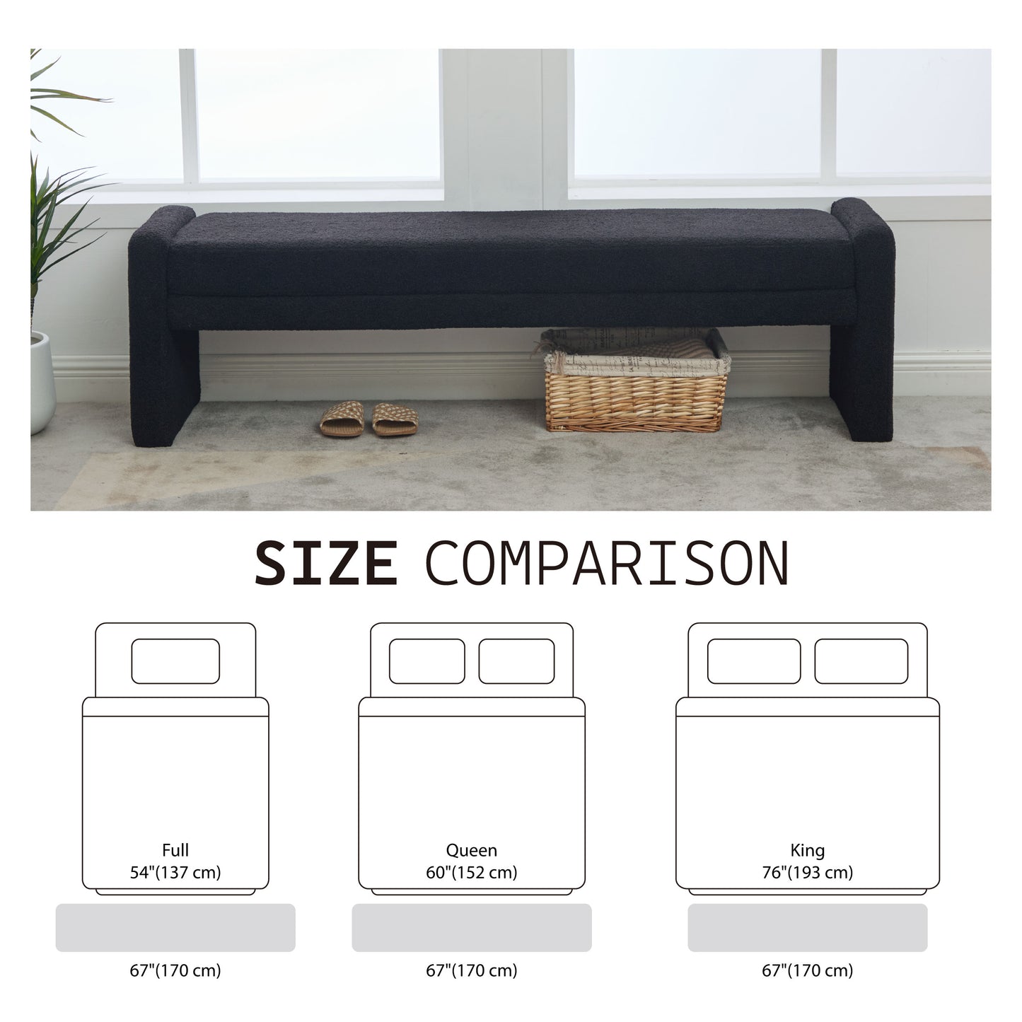 66.9" Modern Upholstered Boucle Bench - Black Accent Furniture