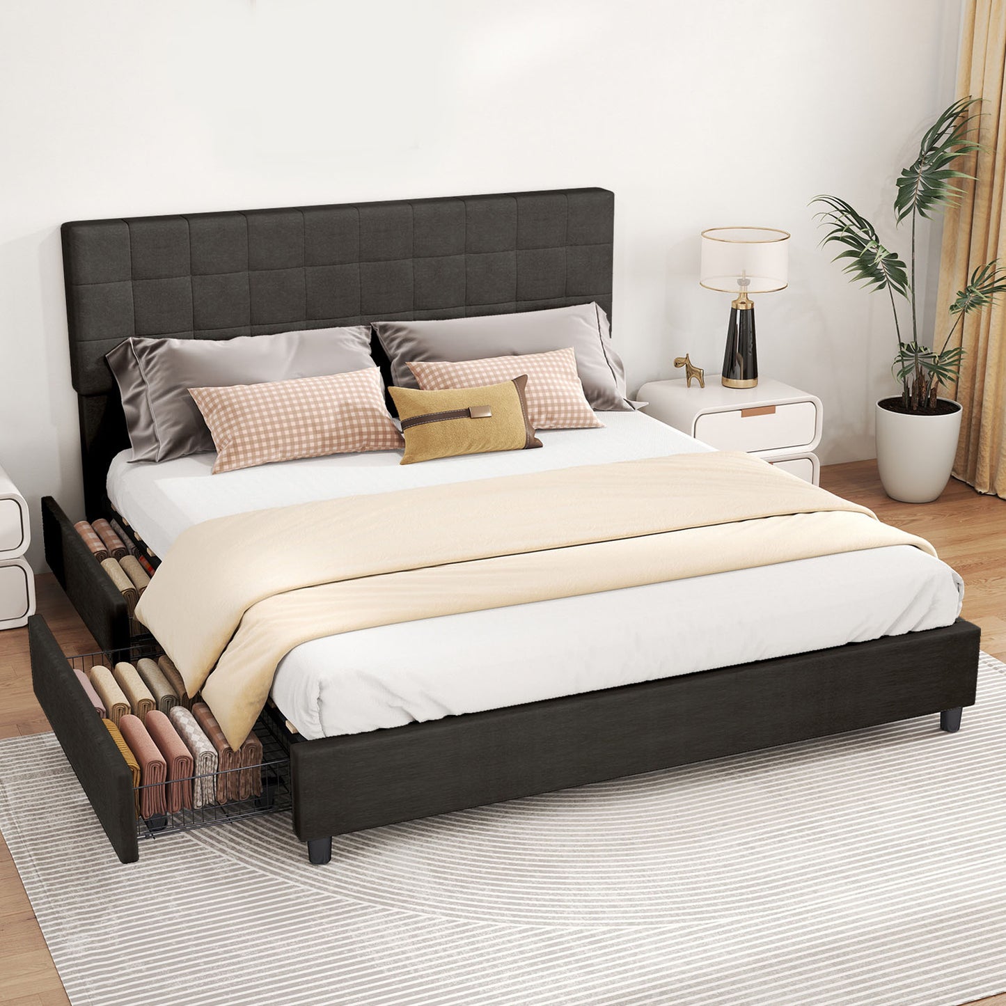 King Size Bed Frame Upholstered Vertical Channel Headboard With 4