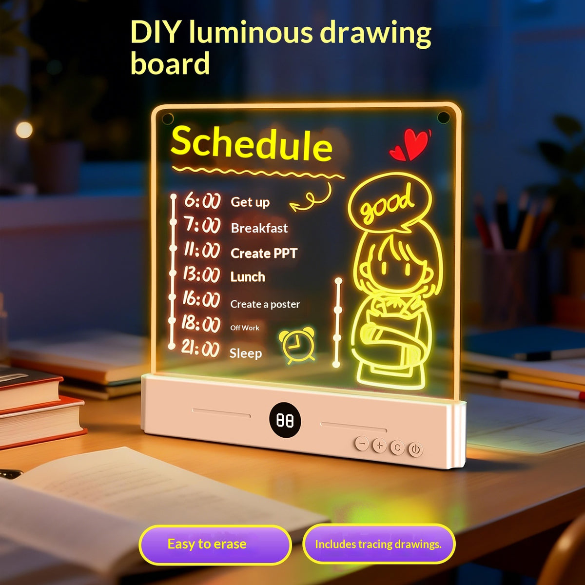 Kids Glow Drawing Board Rewritable Erasable Art Toy with Pens & Accessories