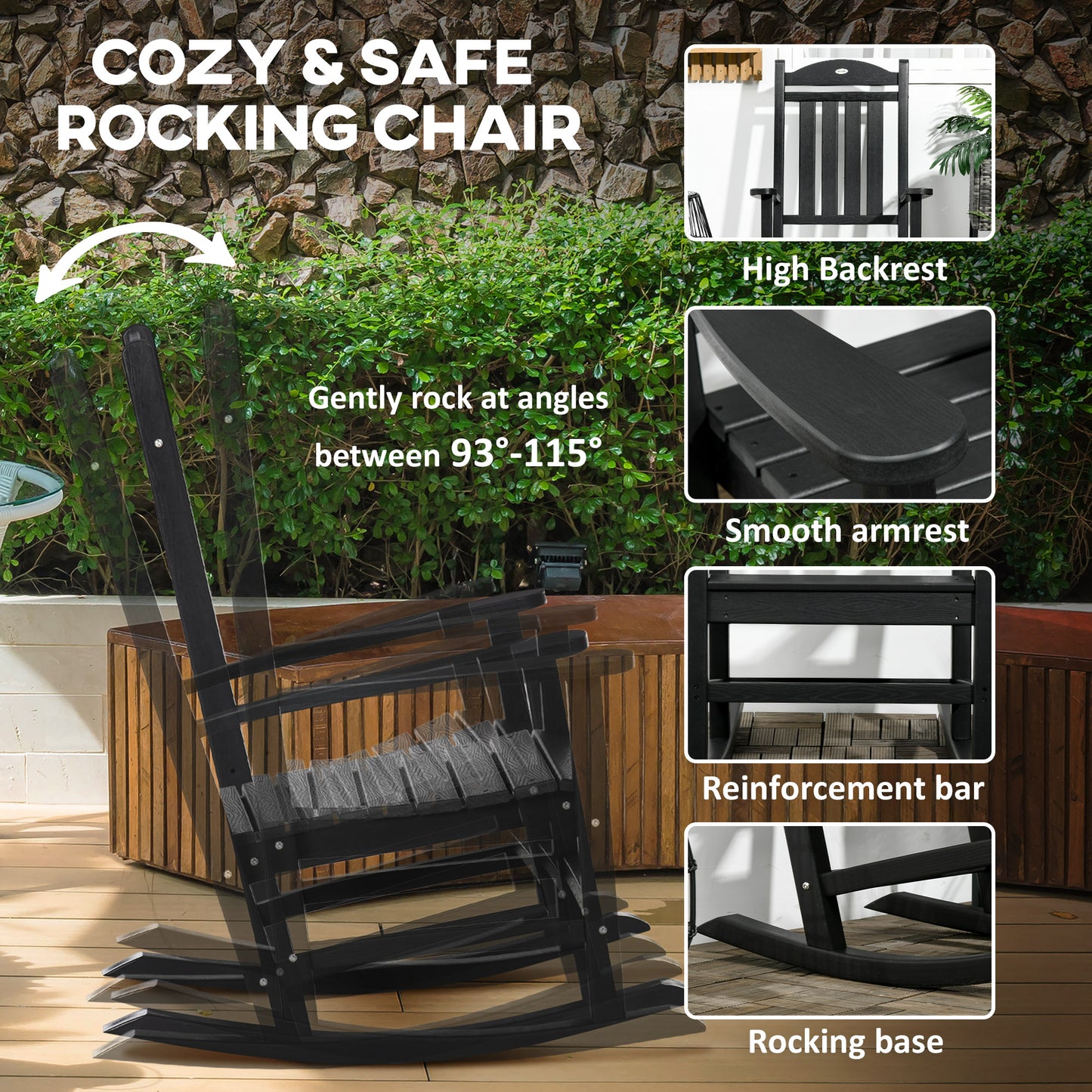 Outdoor Rocking Chair Set with Armrests - Waterproof HDPE, Black