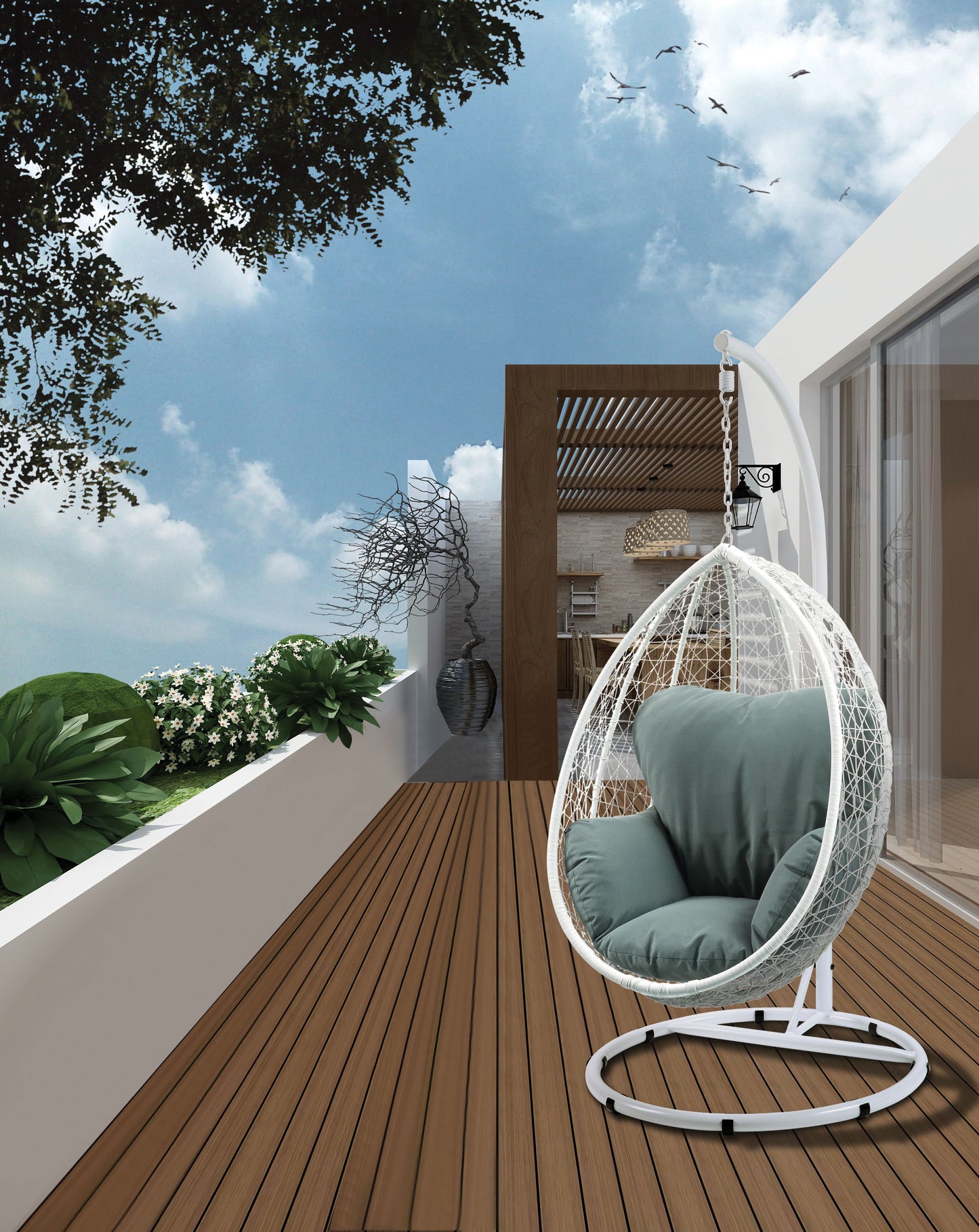 Simona Green Fabric & White Wicker Hanging Chair with Stand