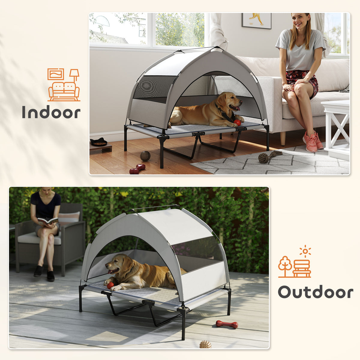 Outdoor Elevated Dog Bed with Removable Canopy and Cooling Pad - 42x30 Inches