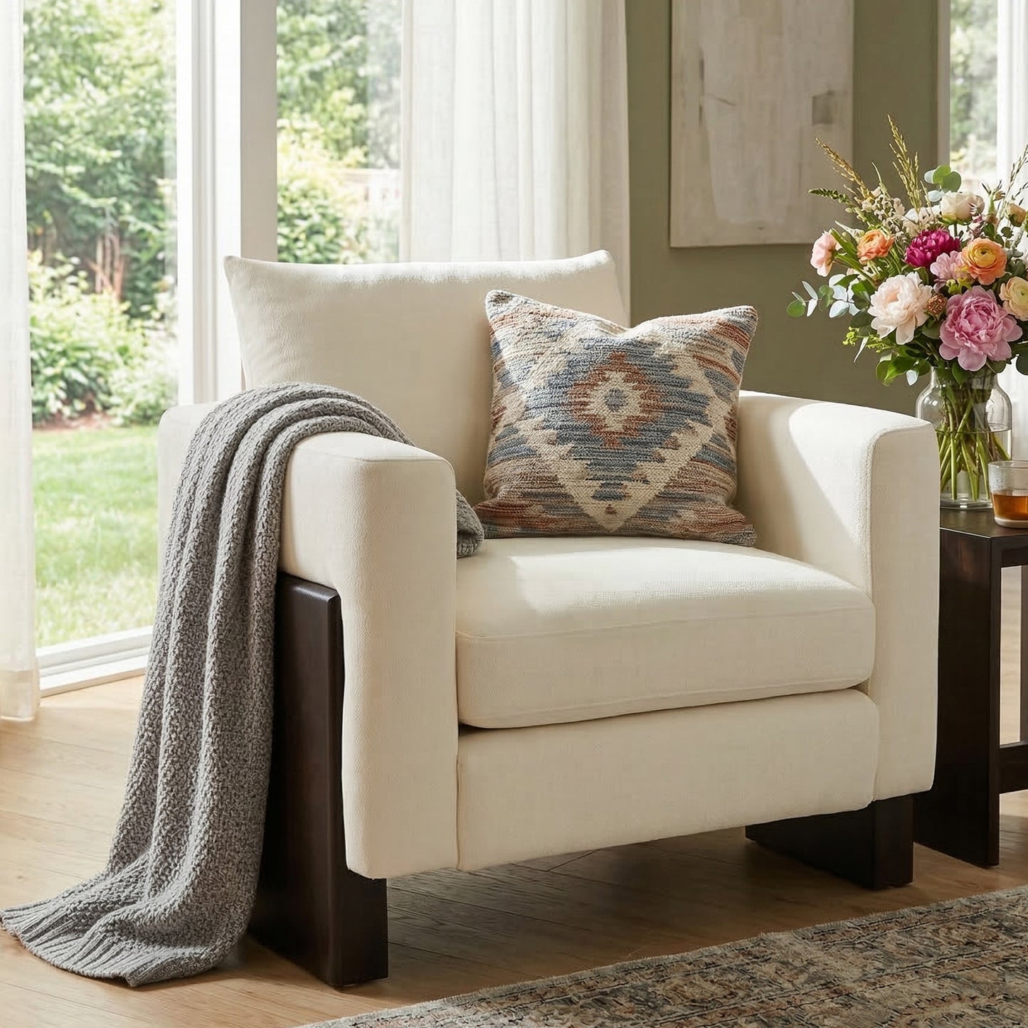 Beige Modern Accent Chair - Stylish Club Armchair with Rubberwood Legs