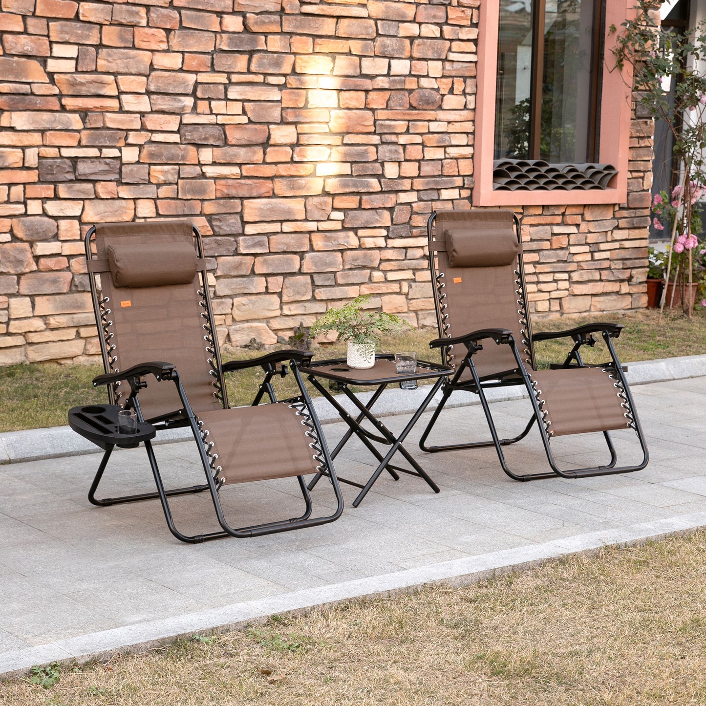 Folding Zero Gravity Chair Set with Side Table & Cupholders - Brown