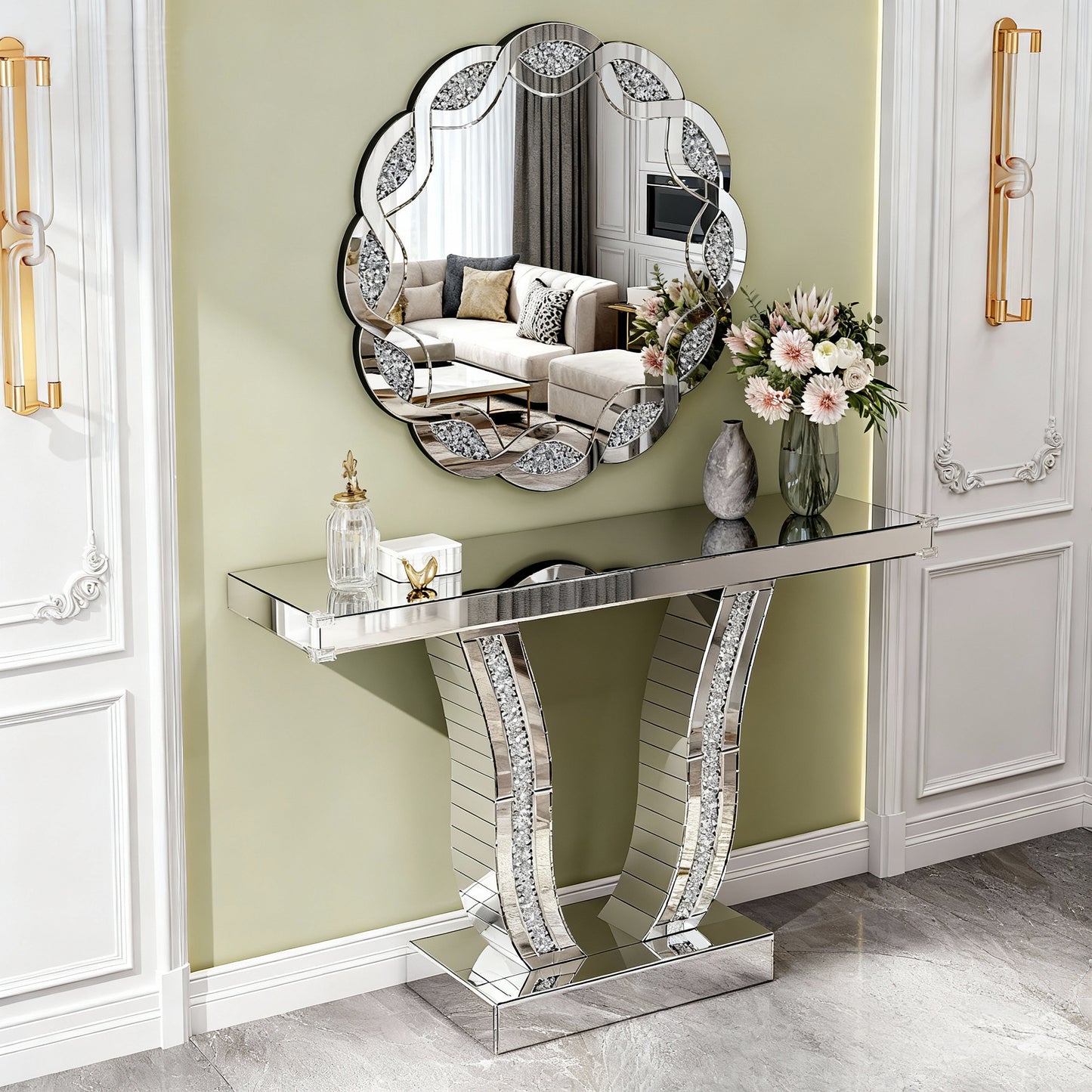 43 Inch Mirrored Console Table - Modern Silver Accent Table