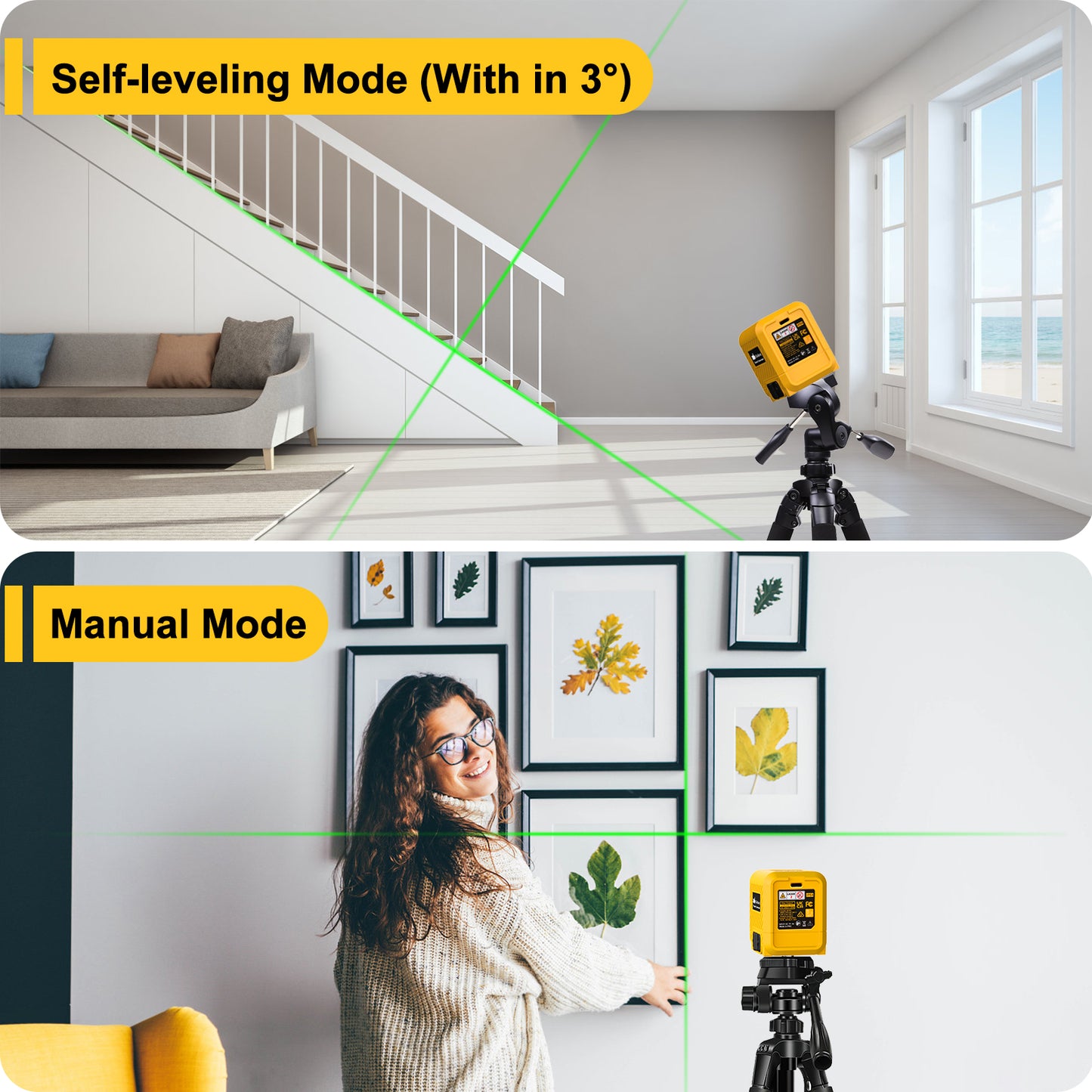 Laser Level with Rechargeable Lithium Battery, Self-Leveling Green Cross Line Tool - Model LS T6G