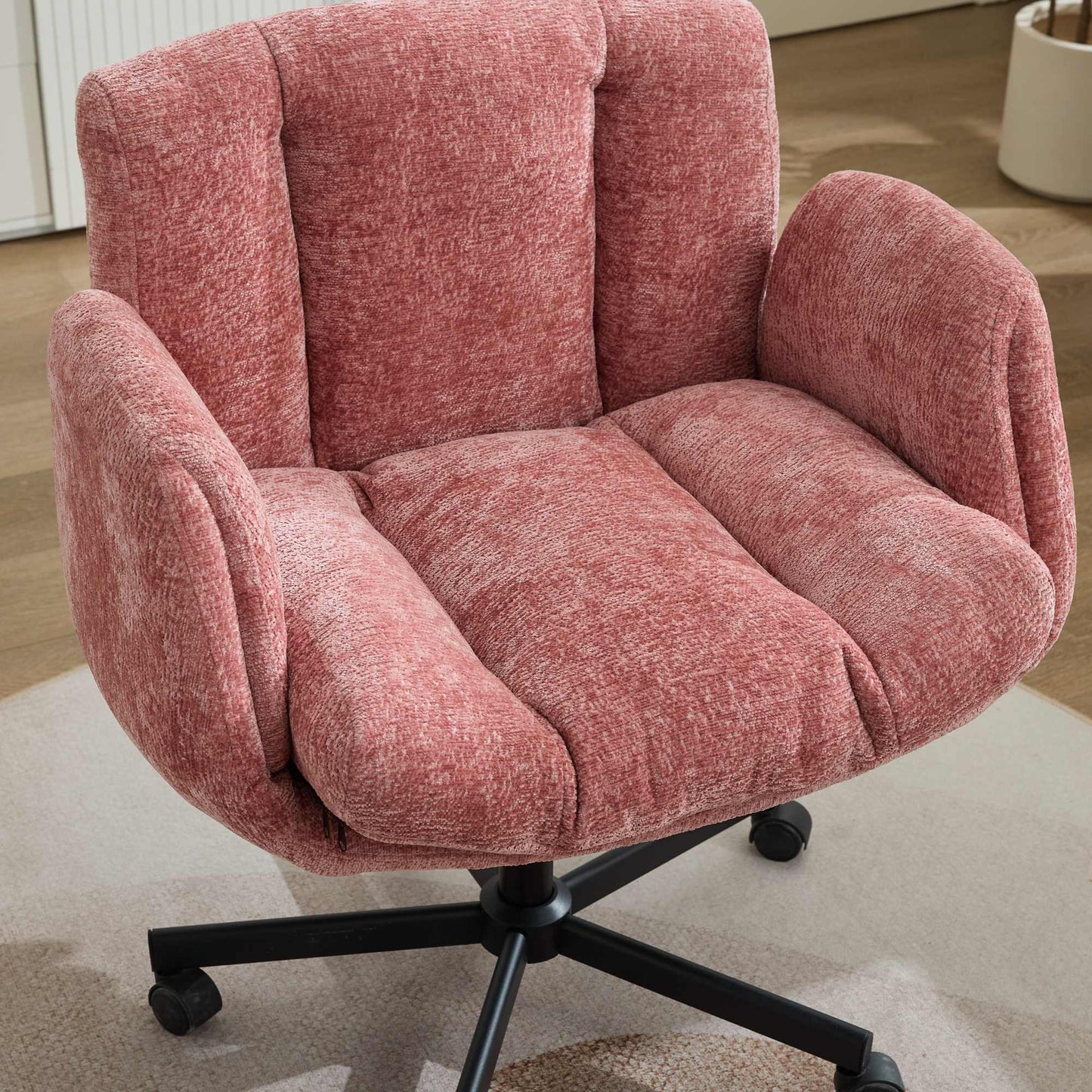 Chenille Swivel Office Chair - Adjustable Height & Armrests, Blush Pink