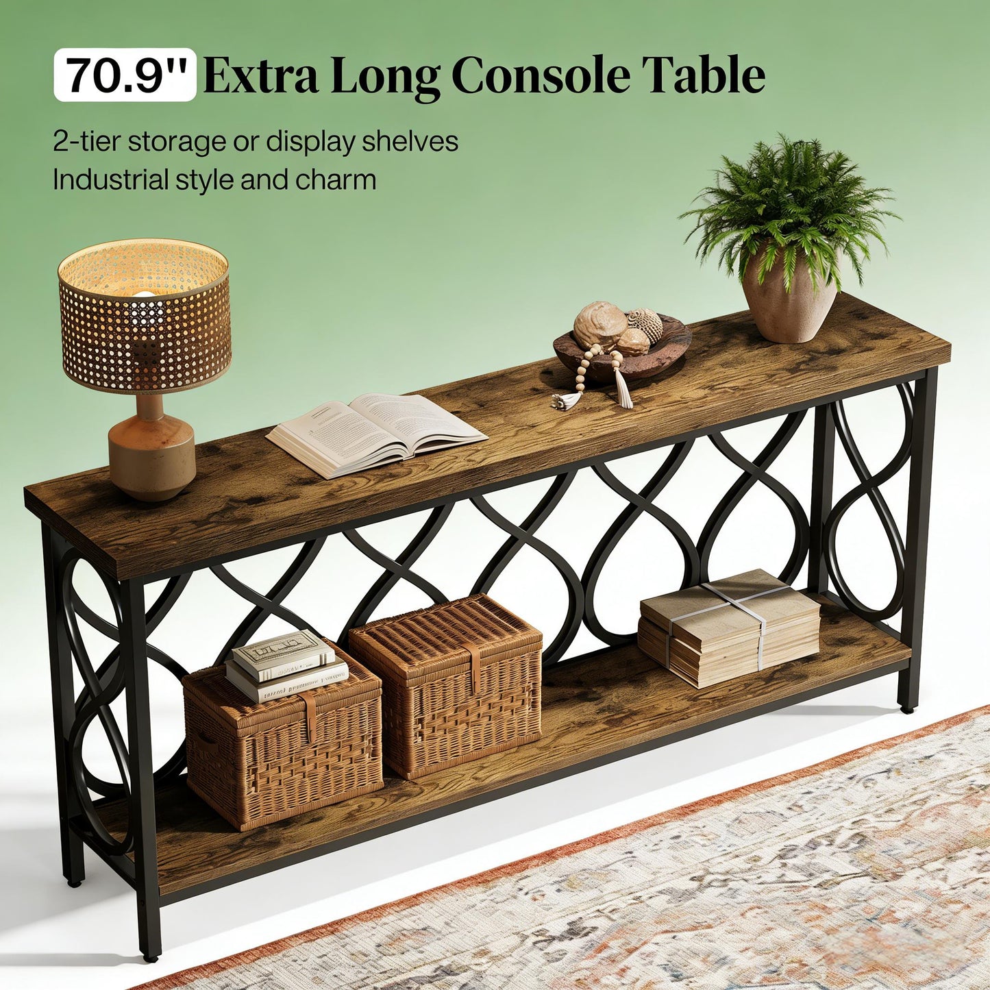 2-Tier Console Table - Rustic Brown & Black Metal Entryway Table