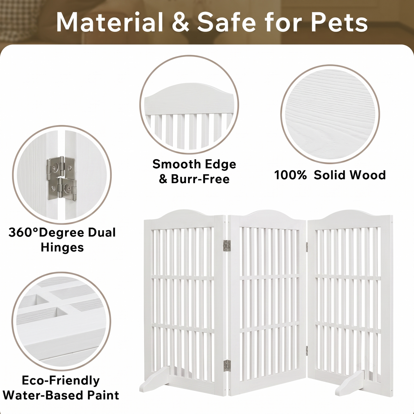 Wooden Foldable Pet Gate for Dogs - 30 Inch 3-Panel Doorway Barrier, Freestanding Wooden Fence