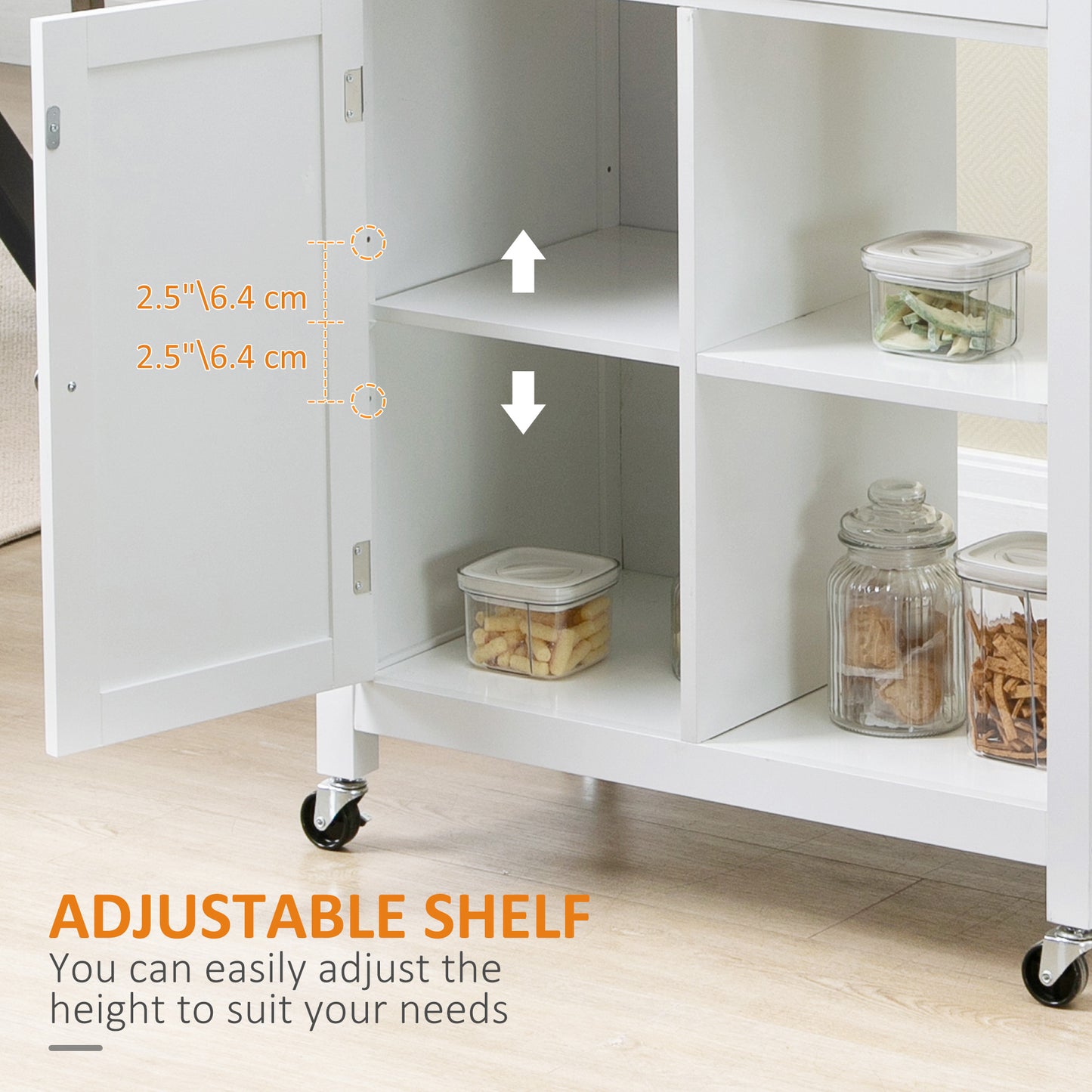 Rolling Kitchen Island Cart with Storage Shelf - White